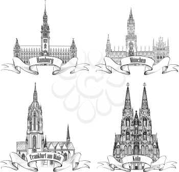 Geman city travel label set. Hamburg, Munich, Koln, Frankfurt am Main, Gemany, Europe. Hand drawn vector town symbol set.