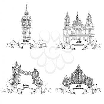 London famous buildings set. Engraving collection of London landmarks: Big Ben, Tower Bridge, St. Paul Cathedral, Harrods store. Travel UK icon collection.