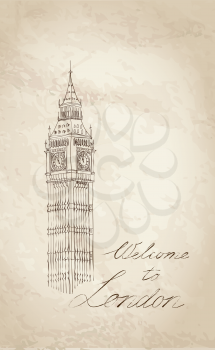 London Landmark. Landscape of London. Big Ben Tower. Vector Hand-drawn Sketch Illustration.