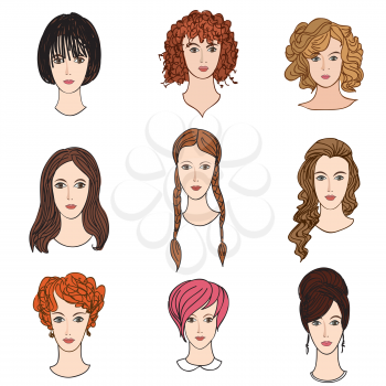 Avatar icon set. Beautiful young girls with various hair style 