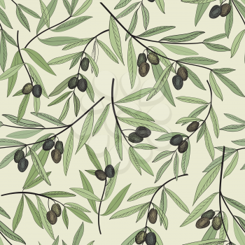 Olive seamless pattern. Hand drawn olive branch background. Old fashion olive decorative texture for label, pack. 