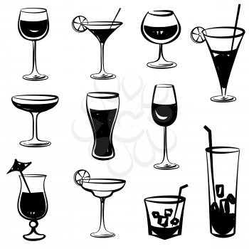 Glass vector silhouette collection. Set of different cocktail drinks isolated on white background. Cocktail party icons