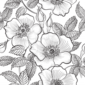 Floral seamless pattern. Flower silhouette black and white background. Floral decorative seamless texture with flowers.