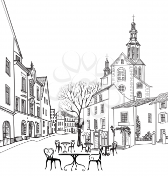Street cafe in old city. Cityscape - houses, buildings and tree on alleyway. Old city view. Medieval european castle landscape. Pencil drawn vector sketch