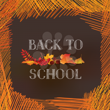 Back to school. Banner with  autumn leaves over chalkboard background. Vector.