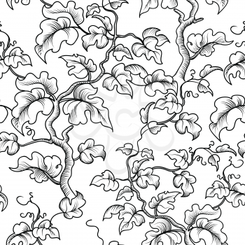 Floral seamless pattern. Decorative plant branch, leaves. Flourish engraving retro background.