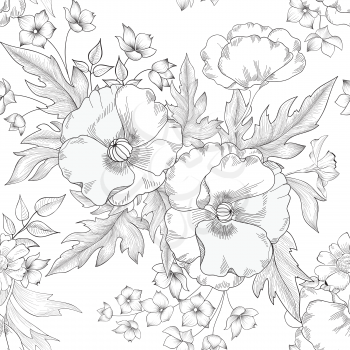 Floral seamless pattern. Summer Flower bouquet decor. Engraving background