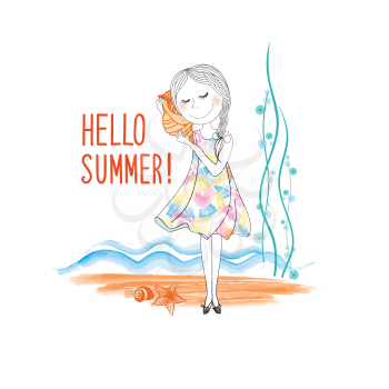 Hello summer card background. Happy girl listen seashell over sea view. Beach resort landscape