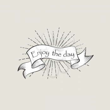 Enjoy the day sign. Vintage doodle banner. Waving ribbon engraving