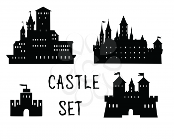 Castle icon set. Doodle castle building view with tower, handwritten lettering CASTLE