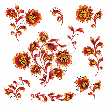 Floral pattern decor element set. Ornamental flower branch collection over white background. Russian folk ethnic floral ornament.