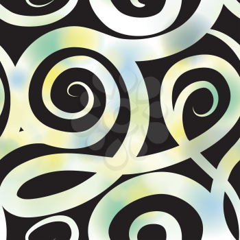 Abstract ornamental spiral seamless pattern. Black swirl line backdrop with blurred summer background.