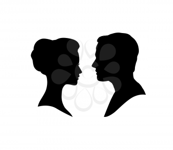 Couple faces silhouette. Couple facing each other. Man and woman romantic profile.