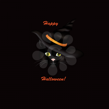 Cat in hat. Black cat looking at camera in Halloween hat with lettering Happy Halloween. Funny holiday illustration for greeting card background