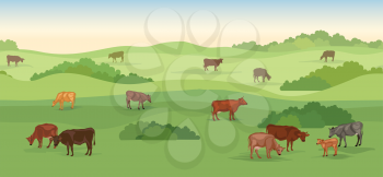 Rural dairy farm landscape with cows over seamless panoramic horizon. Hills, meadows, trees and fields skyline. Summer nature background. Pasture grass for cows.
