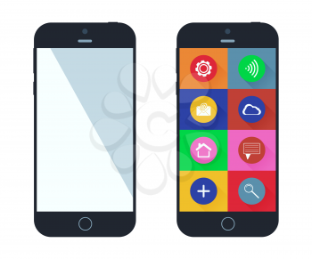 Smartphone with app icons. Mobile phone flat design. Smart phones vector illustration.