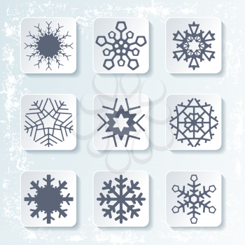 Set of 9 various snowflake winter icons. Silhouette design. Rime background. Vector illustration.