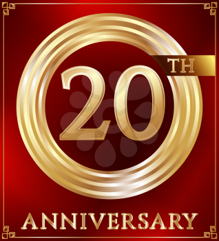 Anniversary gold ring logo number 20. Anniversary card. Red background. Vector illustration.