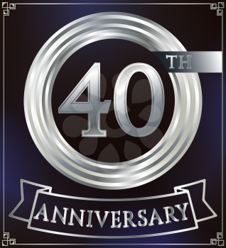 Anniversary silver ring logo number 40. Anniversary card with ribbon. Blue background. Vector illustration.