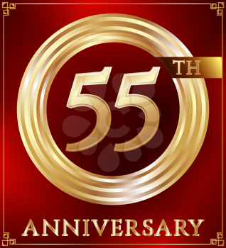 Anniversary gold ring logo number 55. Anniversary card. Red background. Vector illustration.