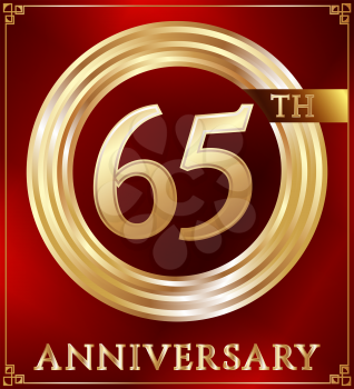 Anniversary gold ring logo number 65. Anniversary card. Red background. Vector illustration.