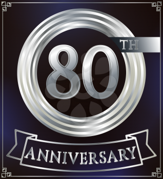 Anniversary silver ring logo number 80. Anniversary card with ribbon. Blue background. Vector illustration.