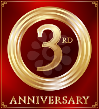 Anniversary gold ring logo number 3. Anniversary card. Red background. Vector illustration.