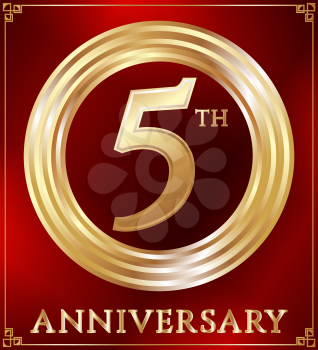 Anniversary gold ring logo number 5. Anniversary card. Red background. Vector illustration.