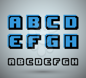 Pixel font alphabet, old video game design. Letters A B C D E F G H. Vector illustration.