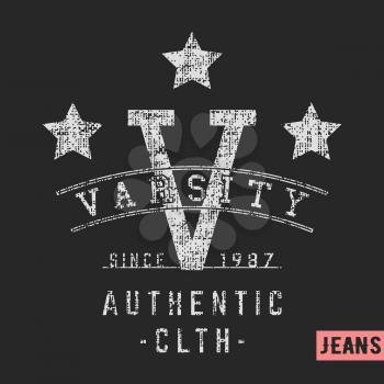 T-shirt print design. Varsity stars vintage stamp. Printing and badge applique label t-shirts, jeans, casual wear. Vector illustration.
