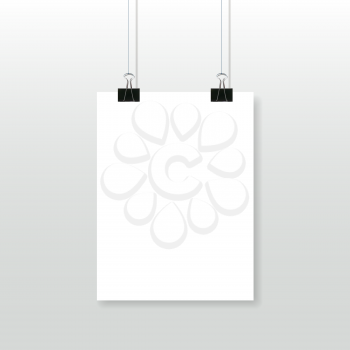 Paper poster template. Blank white page with binder clips hanging against grey background. Empty sheet mockup design. Vector illustration.