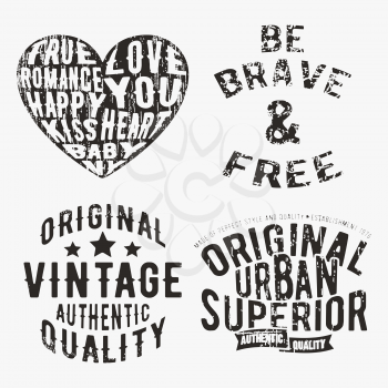 T-shirt print design. Set of various vintage stamp. Printing and badge applique label t-shirts, jeans, casual wear. Vector illustration.