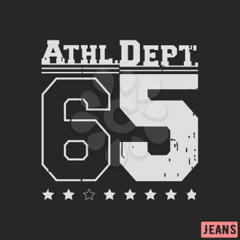 T-shirt print design. 65 athletic department vintage stamp. Printing and badge, applique, label, t shirts, jeans, casual and urban wear. Vector illustration.
