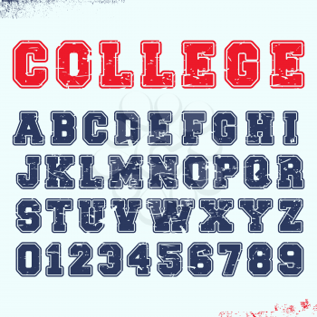 Alphabet font template. Vintage letters and numbers college campus t-shirt design. Vector illustration.