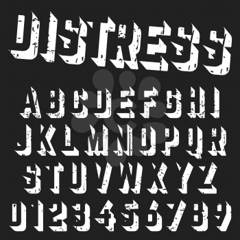 Rough alphabet font template. Set of letters and numbers distressed texture design. Vector illustration.