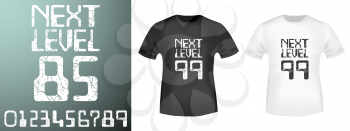 Next level numbers stamp and t shirt mockup. T-shirt print design. Printing and badge applique label t-shirts, jeans, casual wear. Vector illustration.