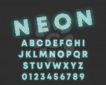 Circular line alphabet font. Letters and numbers neon design. Vector illustration.