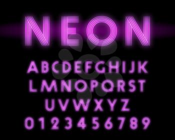 Retro neon alphabet font. Letters and numbers line design. Vector illustration.
