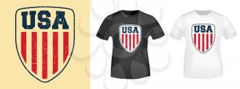 USA shield t-shirt print stamp for tee, t shirts applique, fashion, badge, label retro clothing, jeans, and casual wear. Vector illustration.