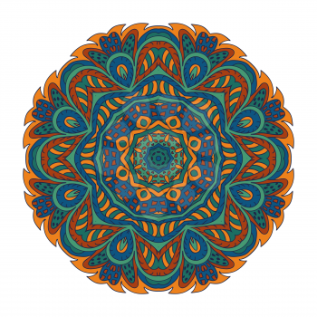 Mandala. Doodle drawing. Round ornament. Blue, green and orange colors
