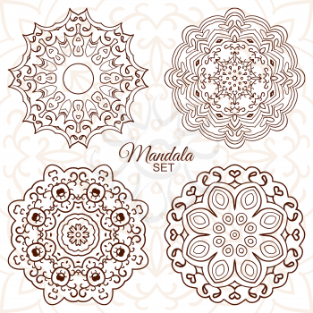 Mandala. Set of round ornaments for creativity. Doodle drawing, ethnic motifs. 4 pictures