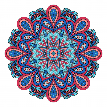 Mandala zentangl. Doodle drawing. Round ornament. Red and blue colors
