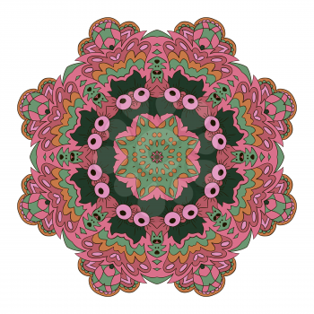 Mandala. Zentangl round ornament. Relax. Oriental pattern. Pink, green tone
