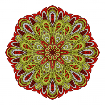 Mandala doodle drawing. Colorful floral round ornament. Ethnic solar Arabic motifs. Zentangle. Red and green color