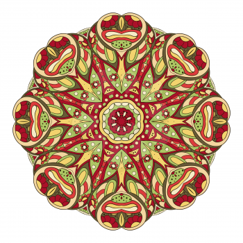 Mandala. Round oriental pattern. Doodle drawing. Hand drawing. Yoga, relaxation, floral motifs. Yellow, green and red colors