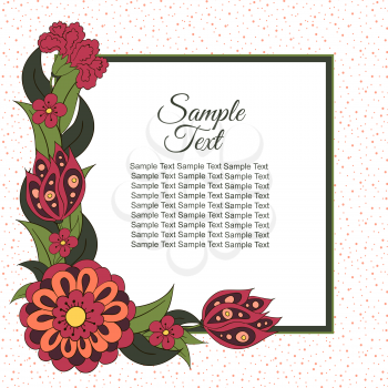 Spring postcard, cover, bright background for inscriptions. Hello Spring. Tulips. Sample text. Pattern in green, red, cream tones