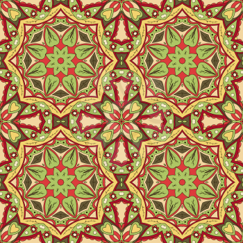 Seamless Mandala. Zentangl. Seamless ornament for creativity. Oriental motifs. Relax, meditation. Flower. Red, yellow and green colors