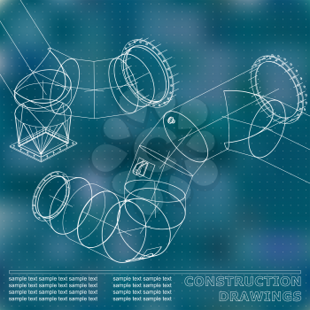 Blue. Points. Drawings of steel structures. Pipes and pipe. 3d blueprint of steel structures. Background for your design
