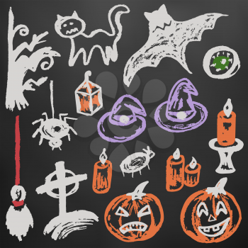 Halloween. A set of funny objects. Color chalk on a blackboard. Collection of festive elements. Autumn holidays. Pumpkin, eye, cemetery, broom, tree, bat, candle, spider, cat, witch hat