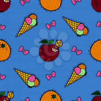 Kids, Cartoon seamless pattern. Skarpbuking. Textiles, blue cartoon background. Ice cream, orange, apple with caterpillar, bows